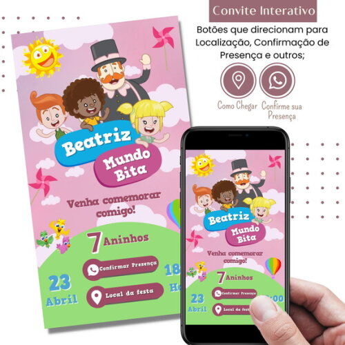 Convite Mundo Bita Rosa Digital Interativo Virtual