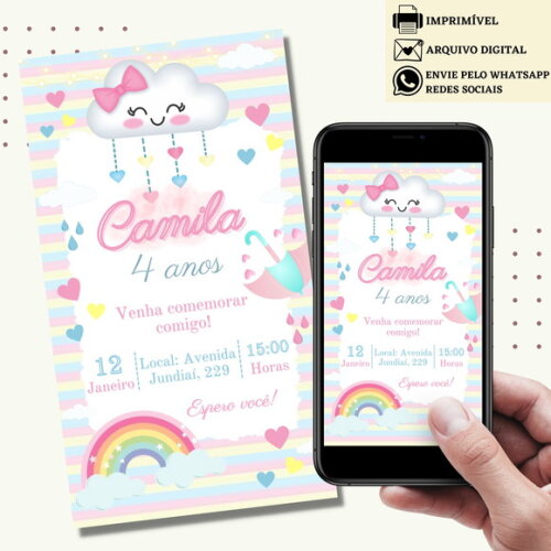 Convite Nuvem Chuva de Amor Arco Iris Digital Virtual Menina