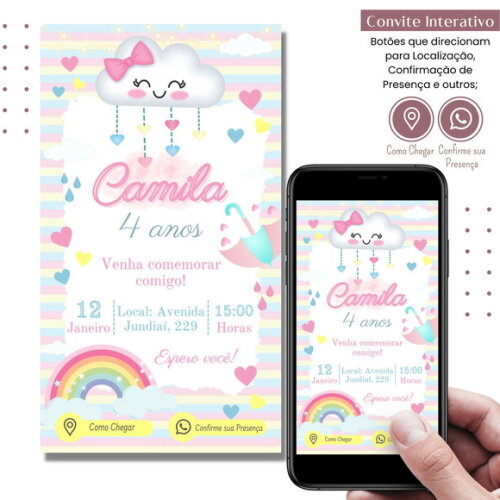 Convite Nuvem Chuva de Amor Arco Irís Digital Interativo