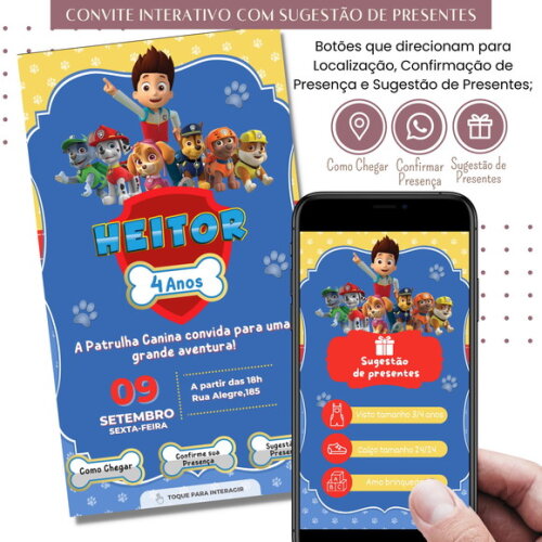 Convite Patrulha Canina Digital Sugestão de Presente