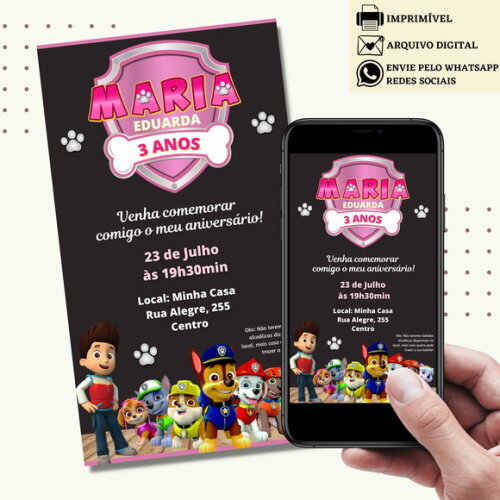 Convite Patrulha Canina Rosa Digital Virtual