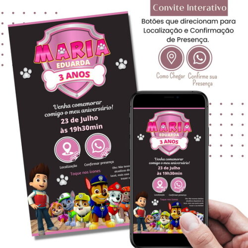Convite Patrulha Canina Rosa Digital Interativo Virtual