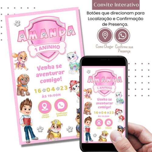 Convite Patrulha Canina Rosa Skye Digital Interativo