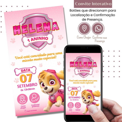 Convite Patrulha Canina Rosa Skye Digital Interativo Virtual
