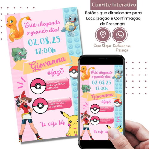 Convite Pokémon Rosa Menina Digital Interativo Virtual