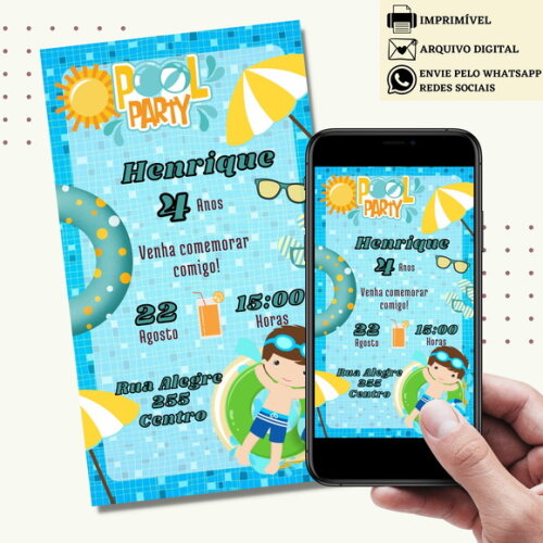 Convite Pool Party Festa na Piscina Digital Virtual Menino