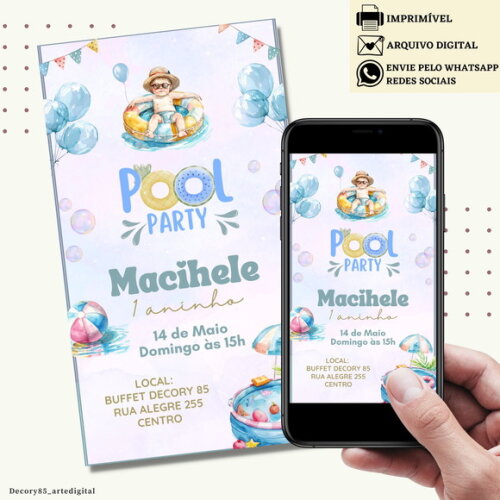Convite Pool Party Festa na Piscina Digital Virtual Menino