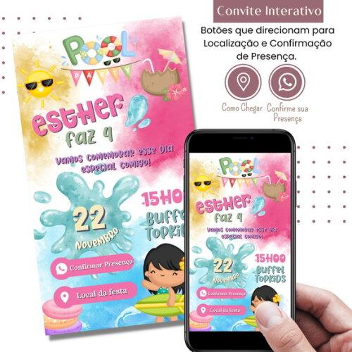 Convite Pool Party Festa Piscina Digital Interativo Virtual