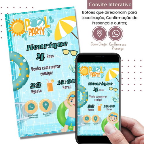 Convite Pool Party Festa Piscina Digital Interativo Virtual