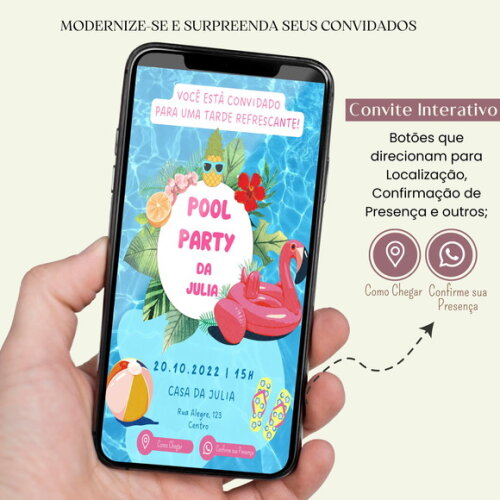 Convite Pool Party Piscina Digital Interativo Virtual
