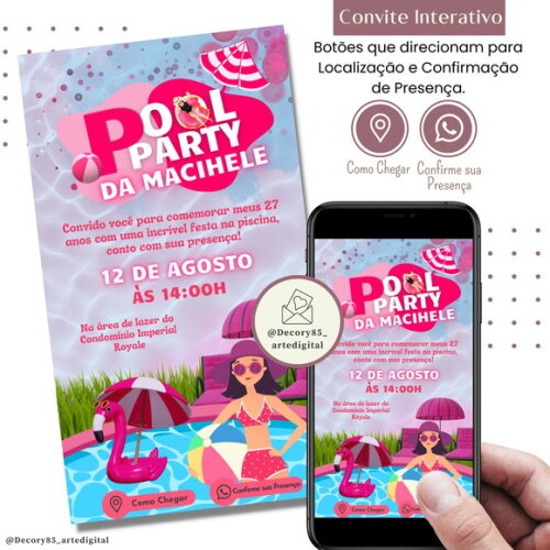 Convite Pool Party Piscina Digital Interativo Virtual