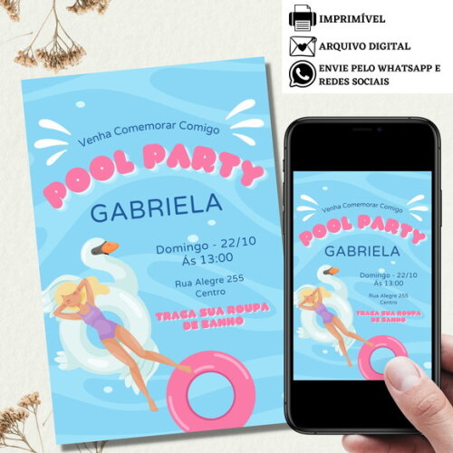 Convite Pool Party Piscina Digital Virtual Aniversário