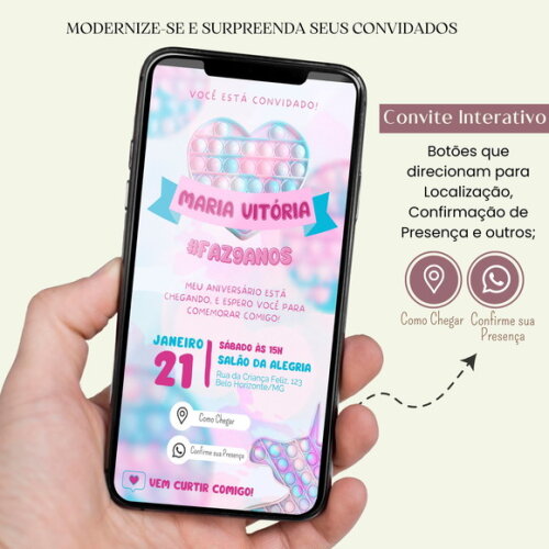 Convite Pop It Candy Color Digital Interativo Virtual