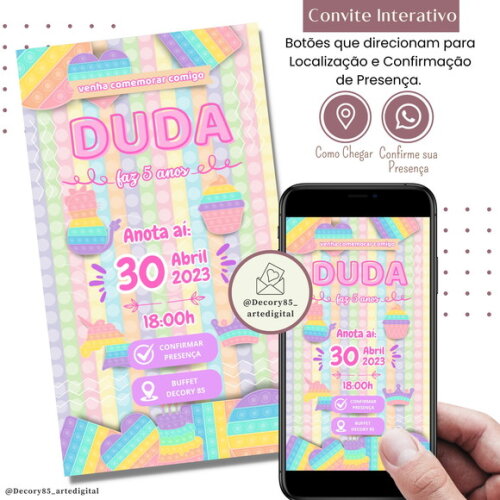 Convite Pop It Candy Color Digital Interativo Virtual