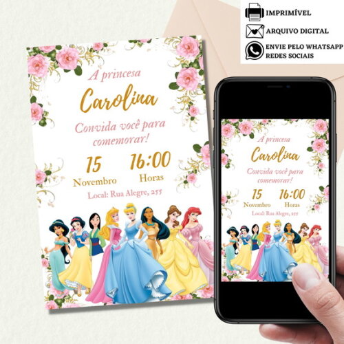Convite Princesas Digital Aniversário Virtual