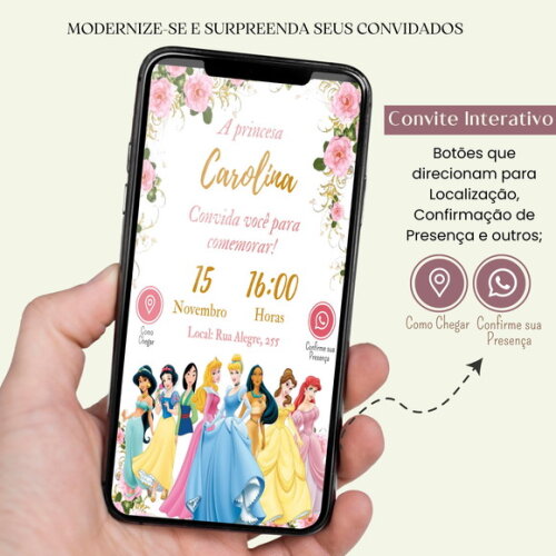 Convite Princesas Digital Interativo Aniversário Virtual