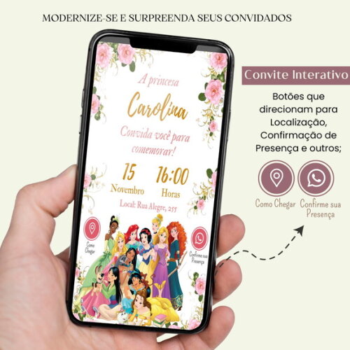 Convite Princesas Digital Interativo Aniversário Virtual