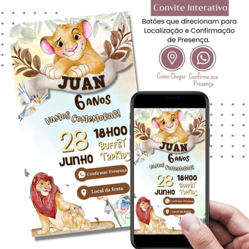 Convite Rei Leão Simba Digital Interativo Virtual