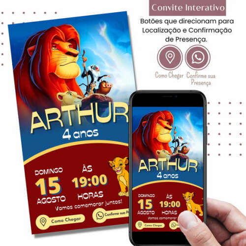Convite Rei Leão Simba Digital Interativo Virtual
