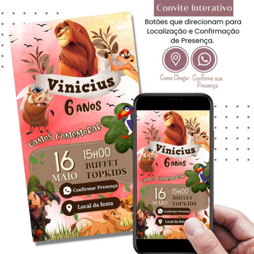 Convite Rei Leão Simba Digital Interativo Virtual