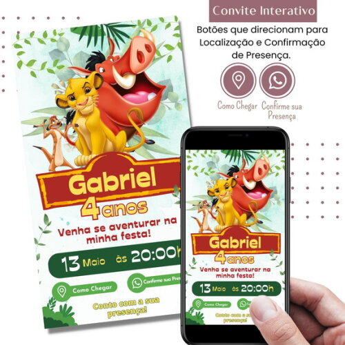 Convite Rei Leão Simba Digital Interativo Virtual