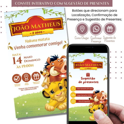 Convite Rei Leão Simba Digital Sugestão de Presente