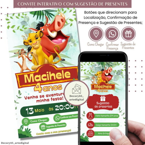 Convite Rei Leão Simba Digital Sugestão de Presente