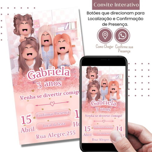 Convite Roblox Menina Rosa Digital Interativo Virtual