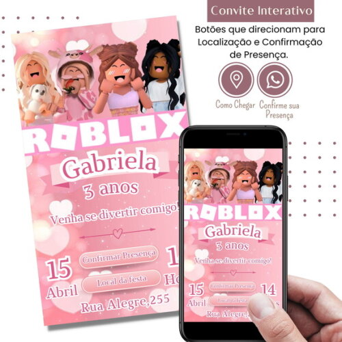 Convite Roblox Menina Rosa Digital Interativo Virtual