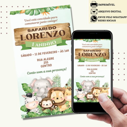 Convite Safari Bosque Bichinhos Digital Virtual Floresta