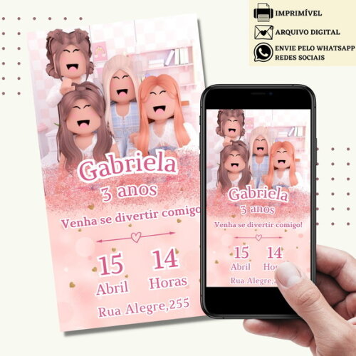 Convite Roblox Menina Rosa Digital Virtual