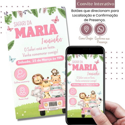 Convite Safari Bosque Digital Interativo Virtual Rosa