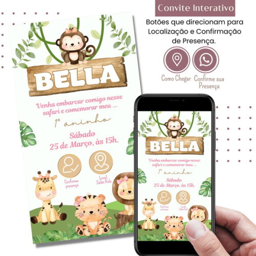 Convite Safari Bosque Digital Interativo Virtual Menina