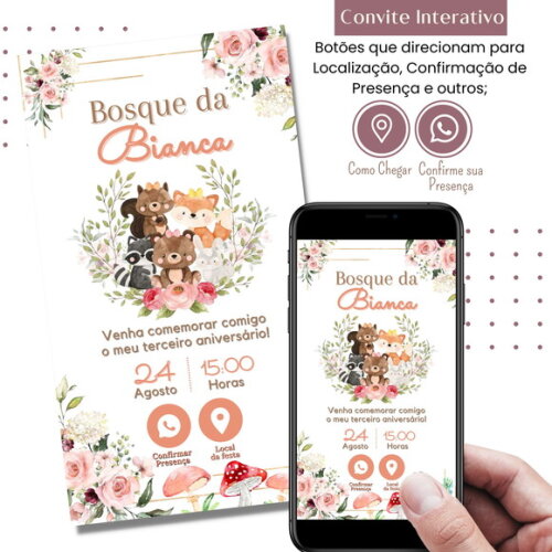 Convite Safari Bosque Digital Interativo Virtual Rosa