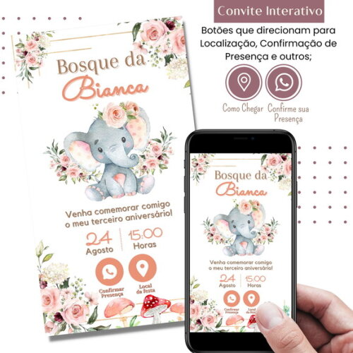 Convite Safari Bosque Digital Interativo Virtual Rosa