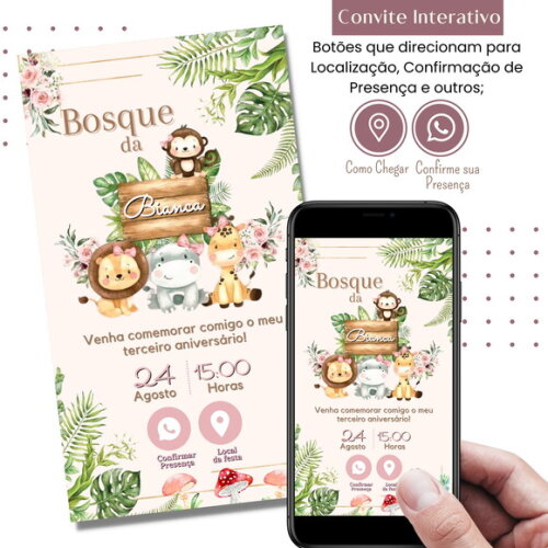 Convite Safari Bosque Digital Interativo Virtual Rosa
