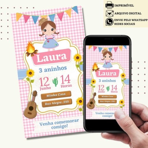 Convite São João Digital Virtual Festa Junina Arraiá Menina