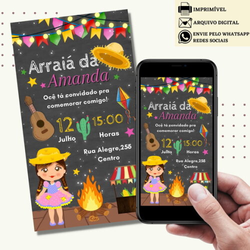 Convite São João Digital Virtual Festa Junina Arraiá Menina