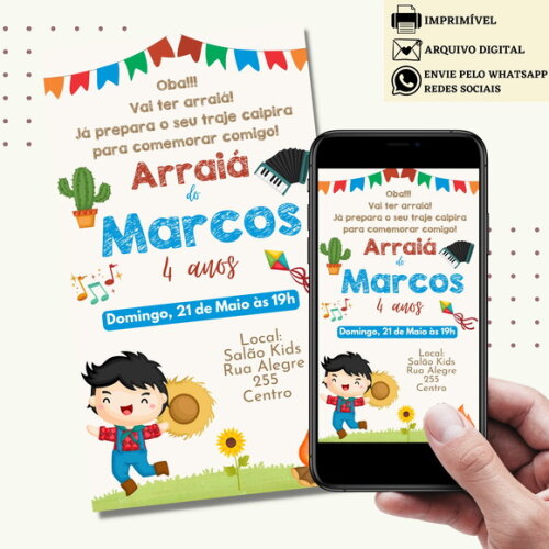 Convite São João Digital Virtual Festa Junina Arraiá Menino