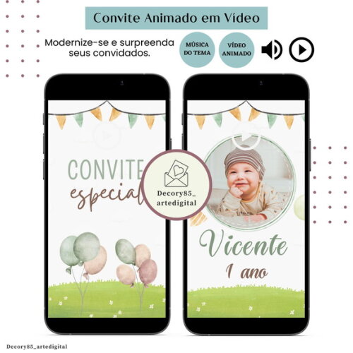 Convite sem Tema Menino em Vídeo Animado com Música Digital