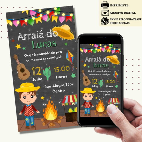 Convite São João Digital Virtual Festa Junina Arraiá Menino