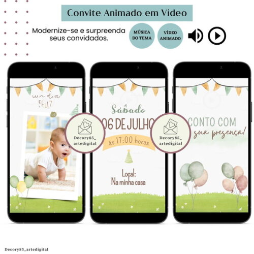 Convite sem Tema Menino em Vídeo Animado com Música Digital