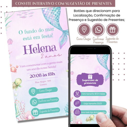 Convite Sereia Fundo do Mar Digital Sugestão de Presente