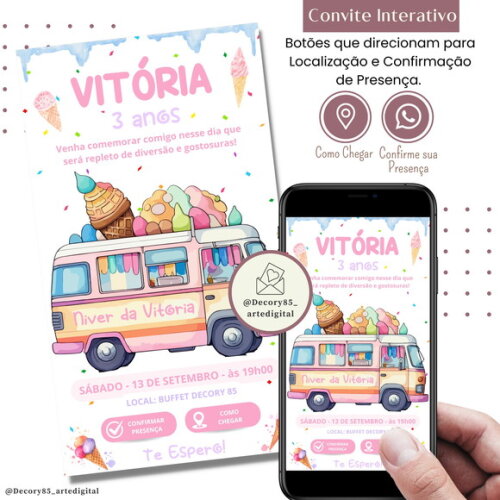 Convite Sorvete Sorveteria Doce Digital Interativo