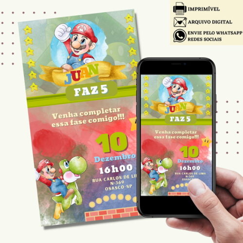 Convite Super Mario Bros Aquarela Digital Virtual