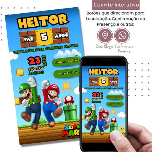 Convite Super Mario Bros Digital Interativo Virtual
