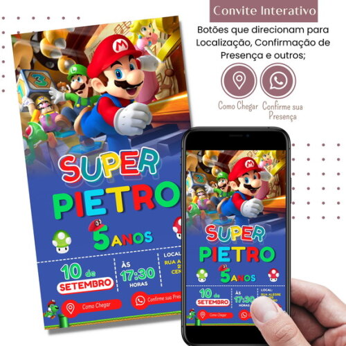 Convite Super Mario Bros Digital Interativo Virtual