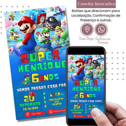 Convite Super Mario Bros Digital Interativo Virtual