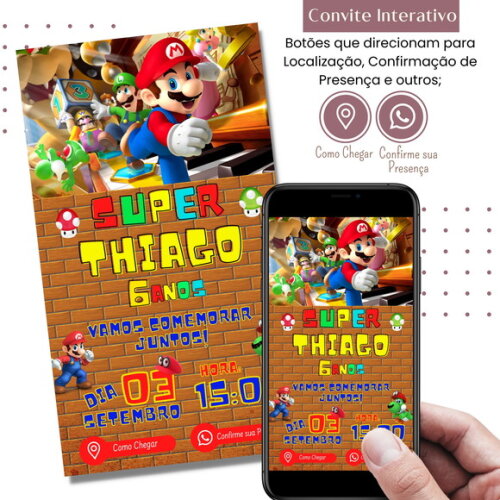 Convite Super Mario Bros Digital Interativo Virtual