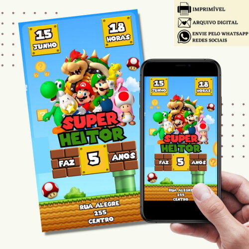 Convite Super Mario Bros Digital Virtual
